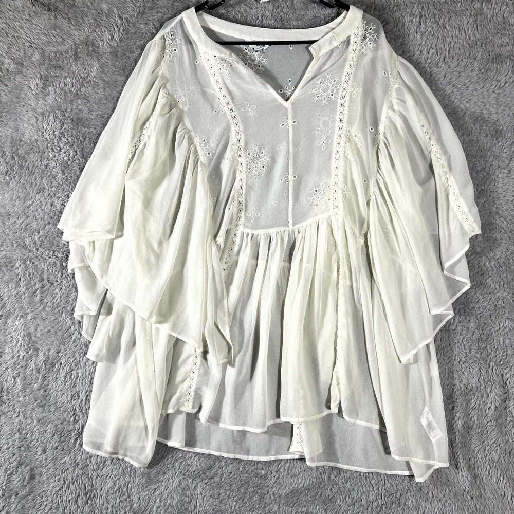 Simply Be Blouse Top Womens 24 White Floral Lace Detail Ruffle Bell Sleeve